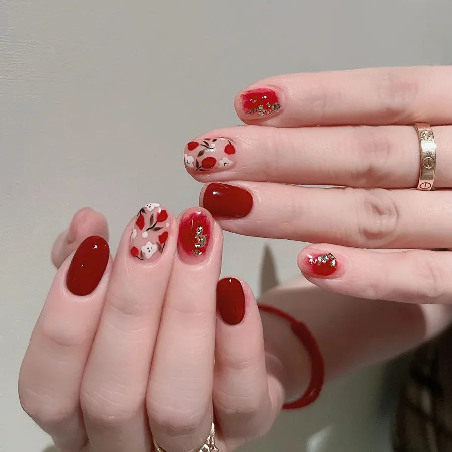 24pcs/set short medium fake nails square ballet tips new year red gradient colors with glitters faux ongles press on false nail