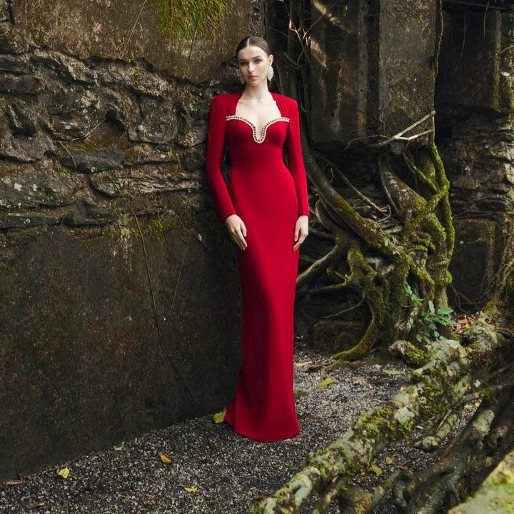 Style Women Long Sleeve Sexy Square Collar Shinning Diamond Bodycon Long Bandage Dress Elegant Evening Mermaid Outfit