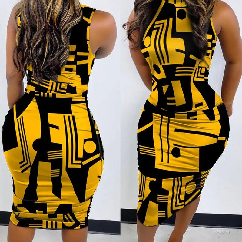 Summer Women Sleeveless Dress Printed Sexy Slim Pullover O Neck Midi Bodycon Dress Nightclub Party Elegant Evening Dresses Yellow