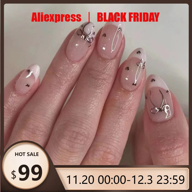 24Pcs Medium Almond Press-On Acrylic Nails Glossy Chic Pink False Nails with Bow,heart for Women & Girls’ Daily Sweety Wear Tips
