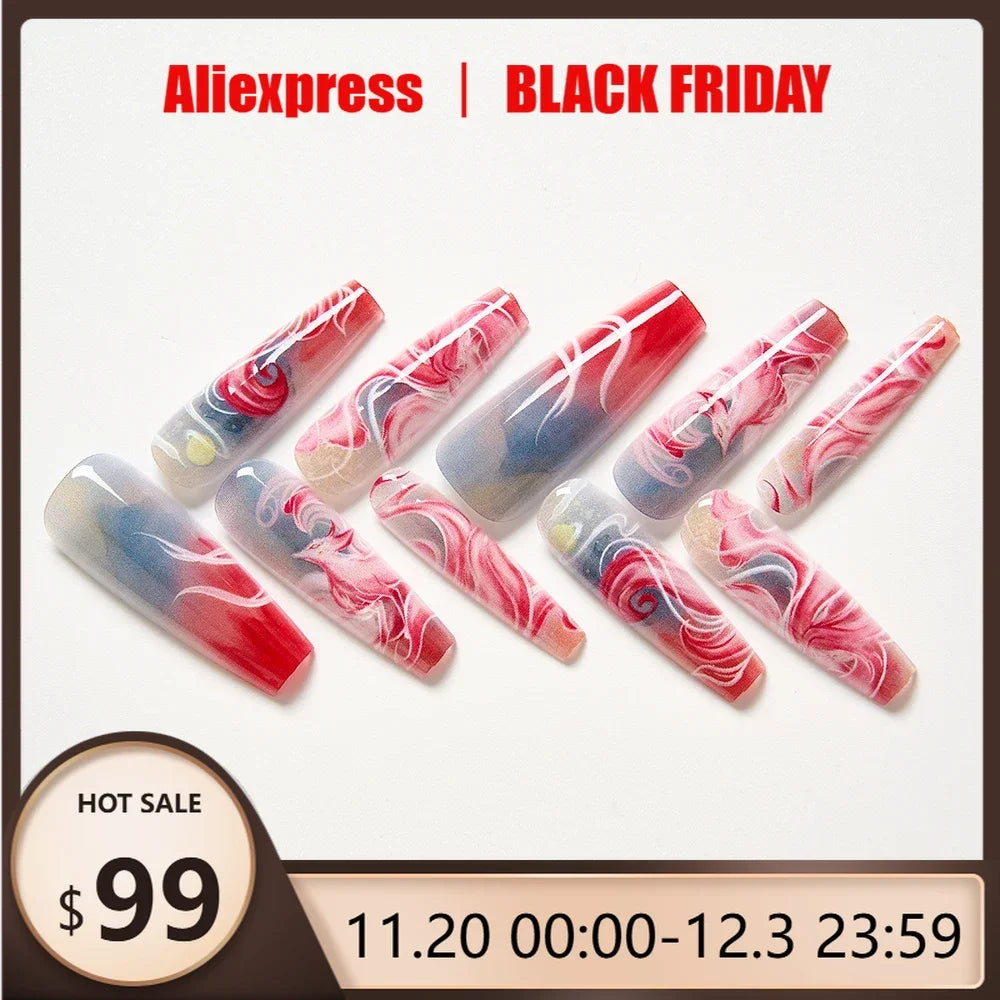 10Pcs/set Lucky Nine-tailed Fox Printed Chinese Style False Nails Long Press-on Acrylic Fakes Nails Adhesive Unique Design