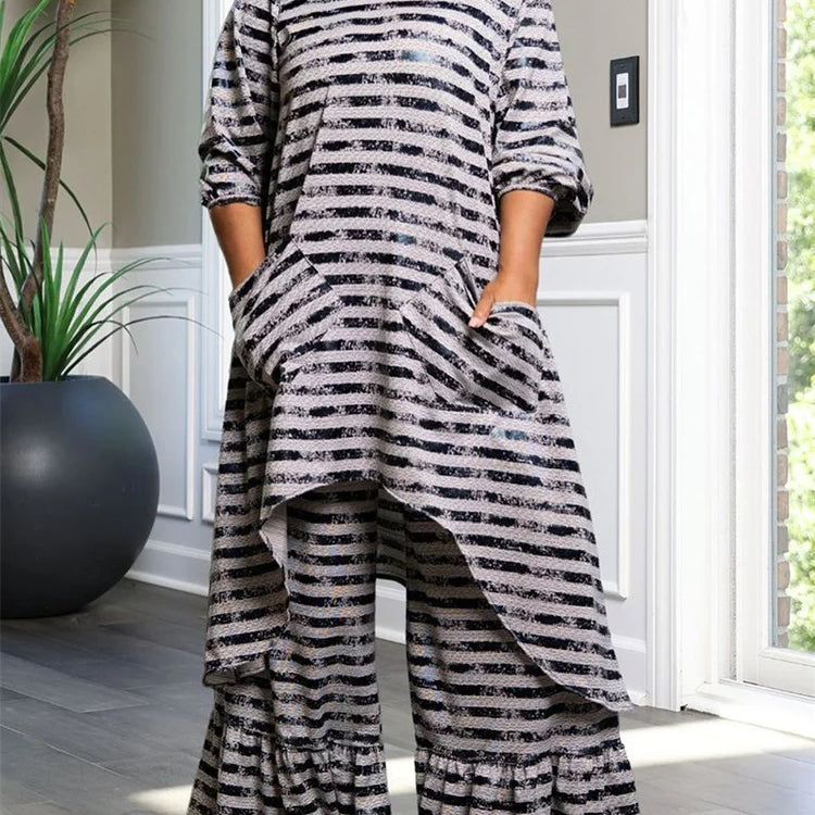 Wmstar Plus Size Two Piece Women Clothing Long Sleeve Long Top and Pants Sets Striped Matching Set Wholesale Dropshopping 2024