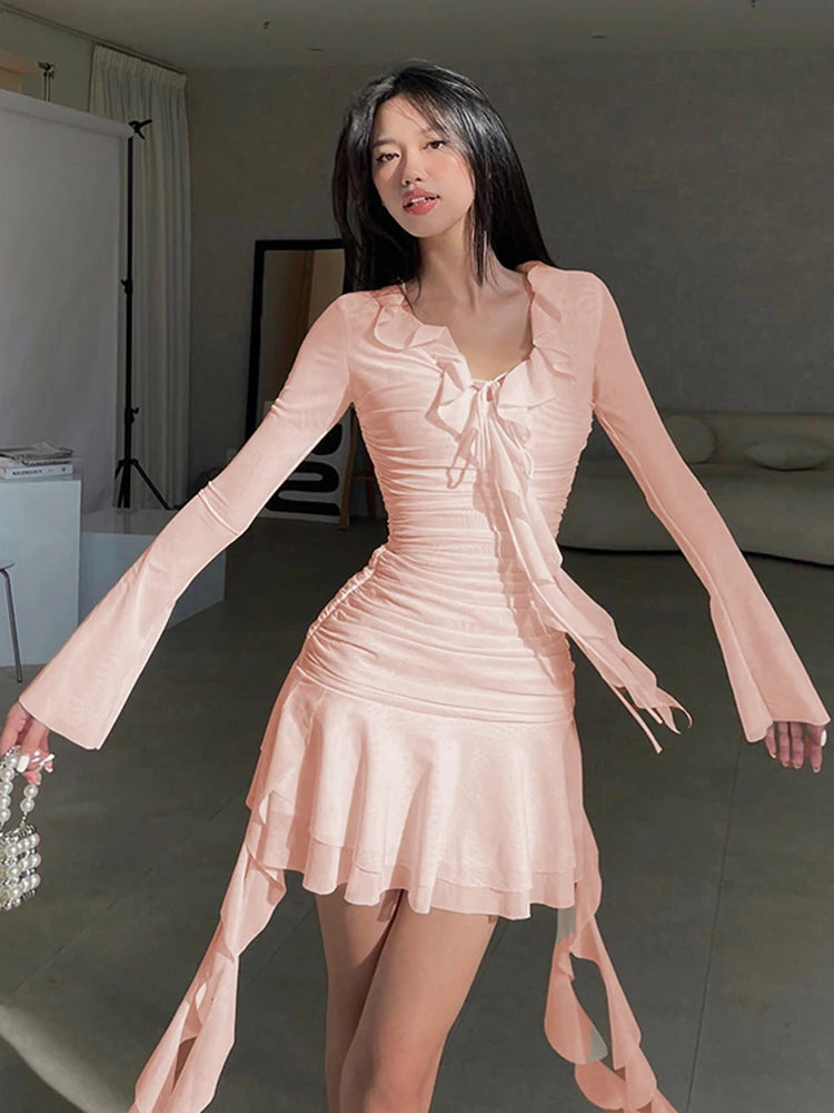 Y2K Tie Front Lace Streamer Dress Women Fairycore Deep V Neck Mesh Gathered Long Sleeve Mini Dress Beach Style Dress