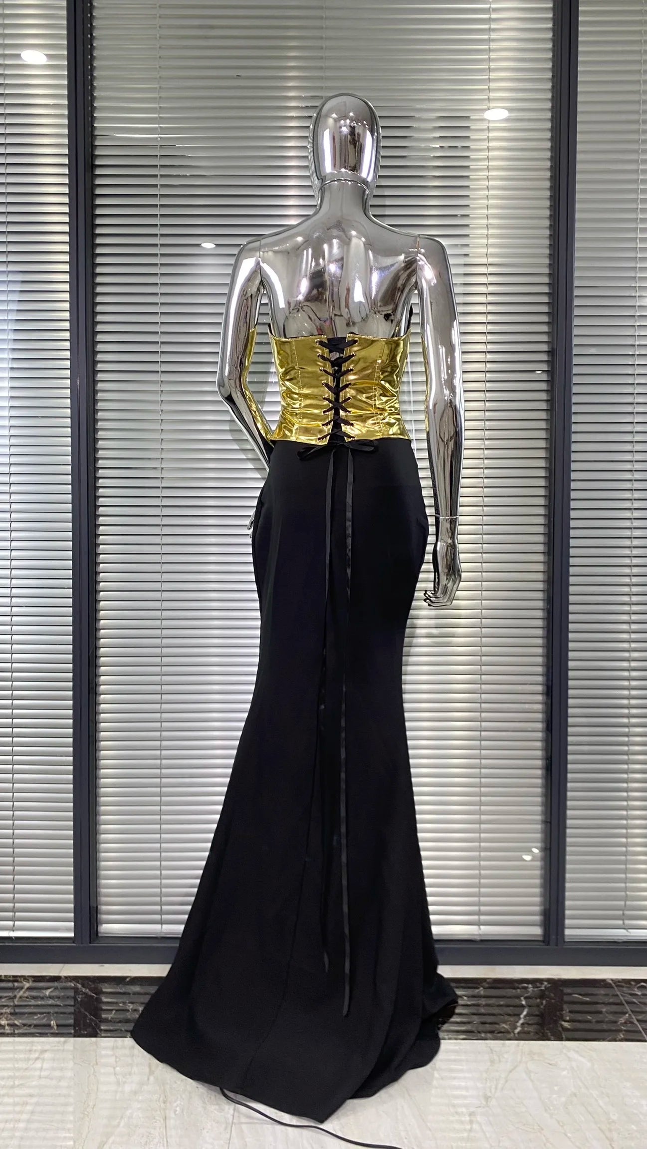 High Quality Women Sexy Gold Laced-up Tops Long Maxi Skirt Set Celebrate Evening Party Nightclub Fashion Cocktail Outfit Dress