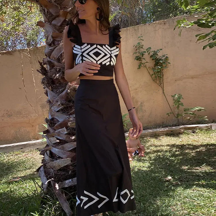 Fashion Print Skirt Suit Dress Women Spaghetti Strap Sleeveless Crop Top Skirt 2 Piece Set Spring Summer Lady Beach Outfits black