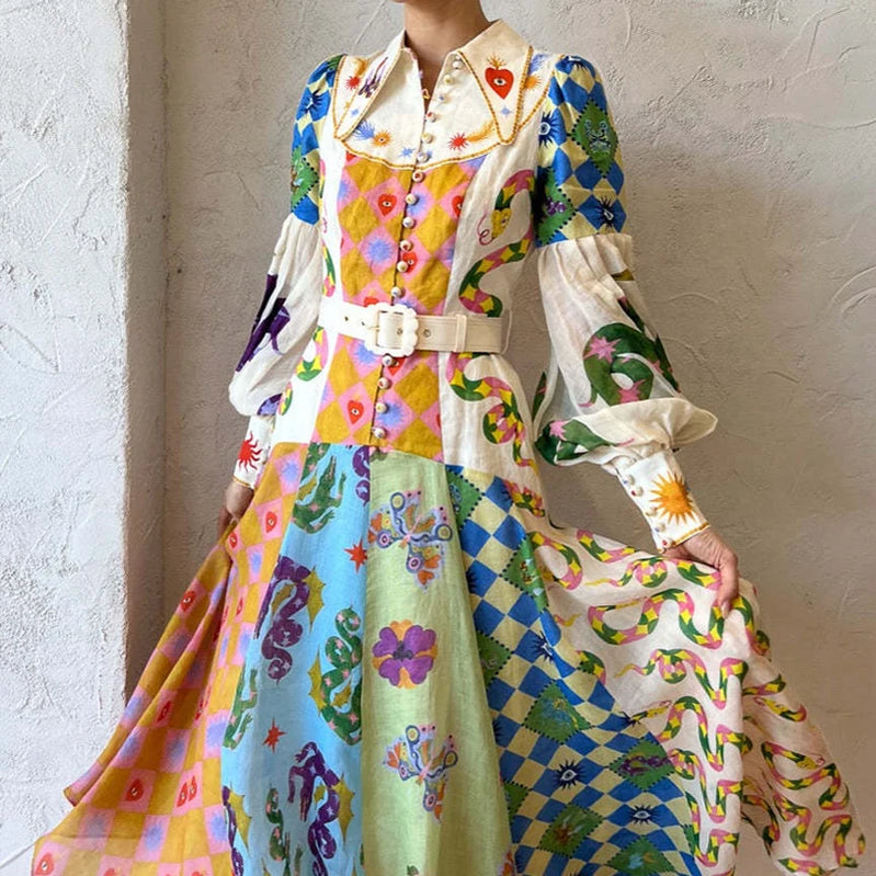 Elegant Loose Tie-Up Stand Collar Shirt Dress Women Fall Boho Print Pink Maxi Dress Fashion Geometric Cartoon Pattern Long Dress 05 Print