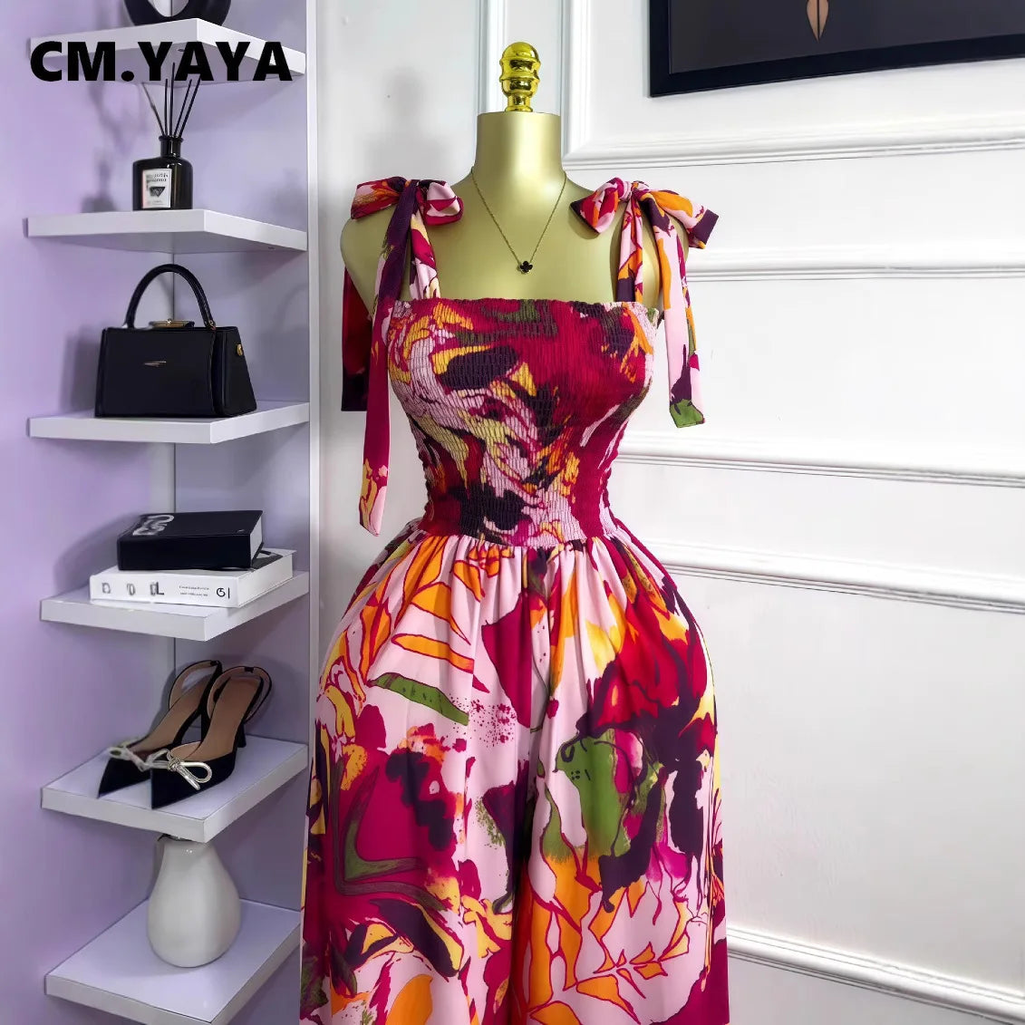CM.YAYA Leaf Printed Women Bowknot Shoulder Sleeveless Jumpsuits 2025 Summer Beach Boho Holiday Outfits One Piece Suit Romper