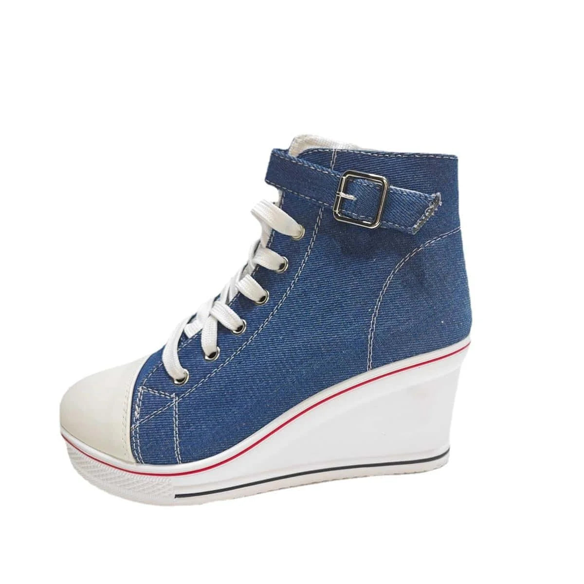 High Top Canvas Women Wedge Shoes Women's Denim Ankle Lace Up Ladies Ankle Canvas Shoes Woman 8cm Heels Sneakers Blue