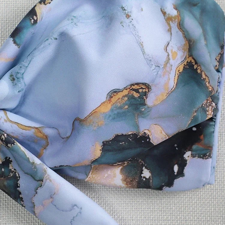 Sexy Scalloped Marble Print Bikini Women Bandeau Swimwear Female Swimsuit Two-pieces Bikini set Knotted Bather Bathing Suit Swim