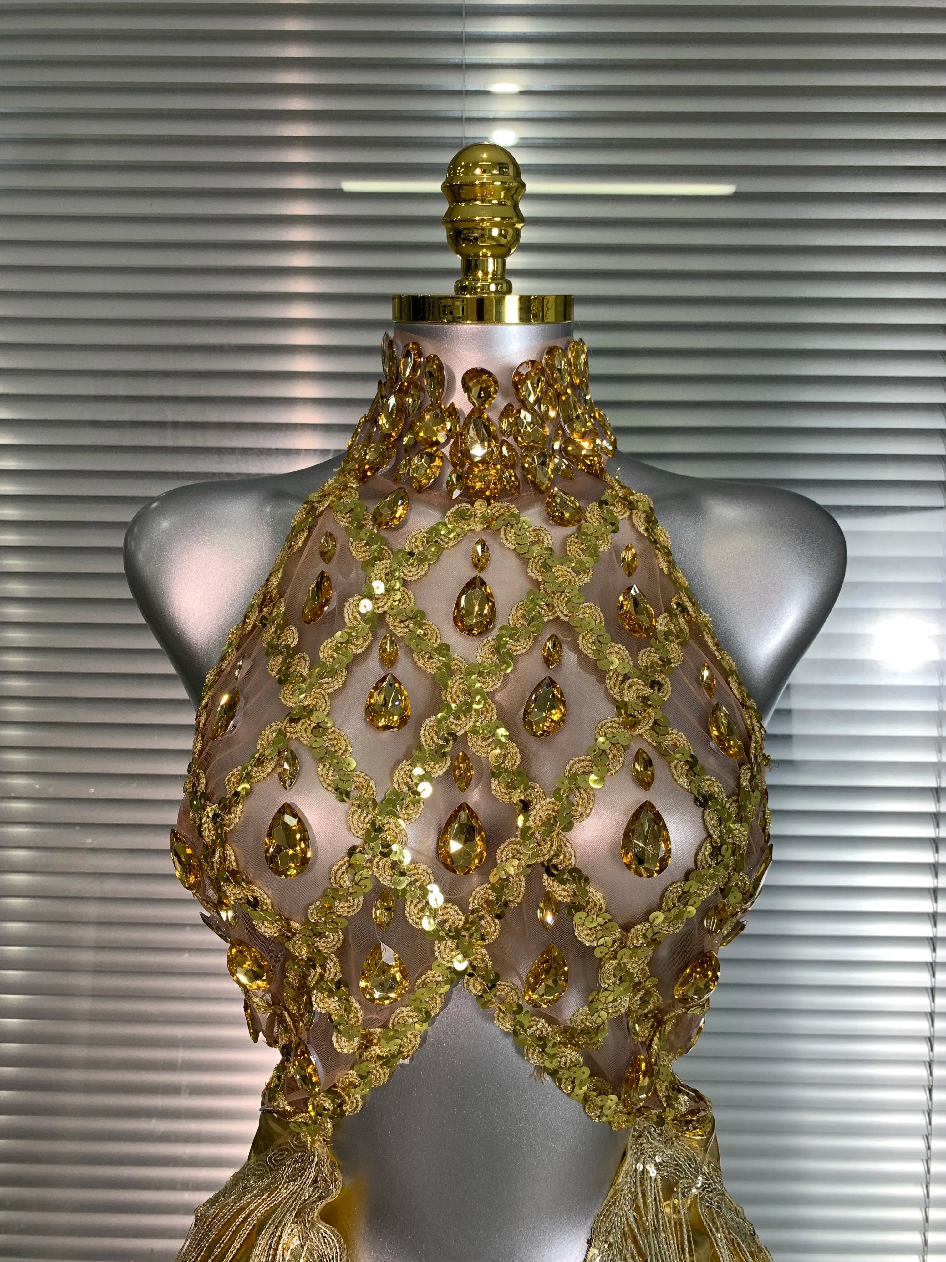 Women Sexy Mesh Tassel Crystal Diamonds Mini Performance Costume Stage Dancer See Through Stretchy Gold Night Club Party Dress