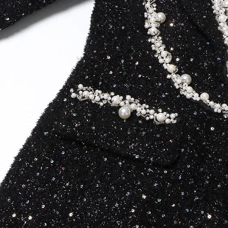 TWOTWINSTYLE Colorblock Patchwork Sequins Dress For Women Lapel Long Sleeve High Waist Spliced Pearls Elegant Dresses Female New