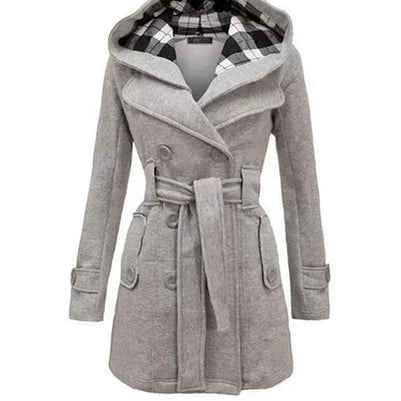Vintage Woolen Coat Women Warm Fleece Jacket With Belts Double Breasted Solid Casual Jacket Winter Fashion Ladies Plus Size Gray