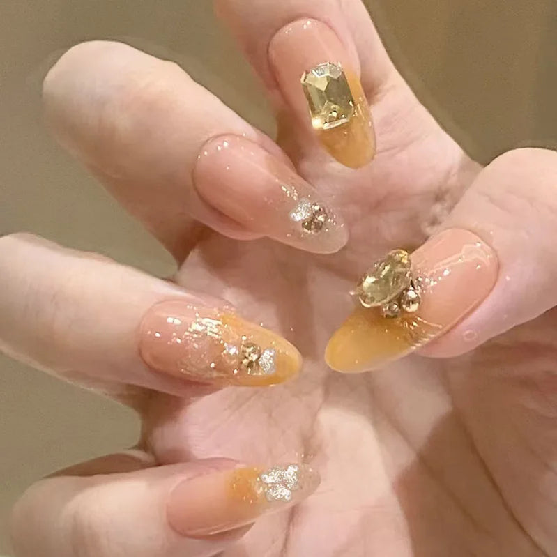 24Pcs Mid-length Almond Press on Fake Nails Wine Red Rhinestone Design False Nails Letter Pearl Detachable Full Cover Nails Tips