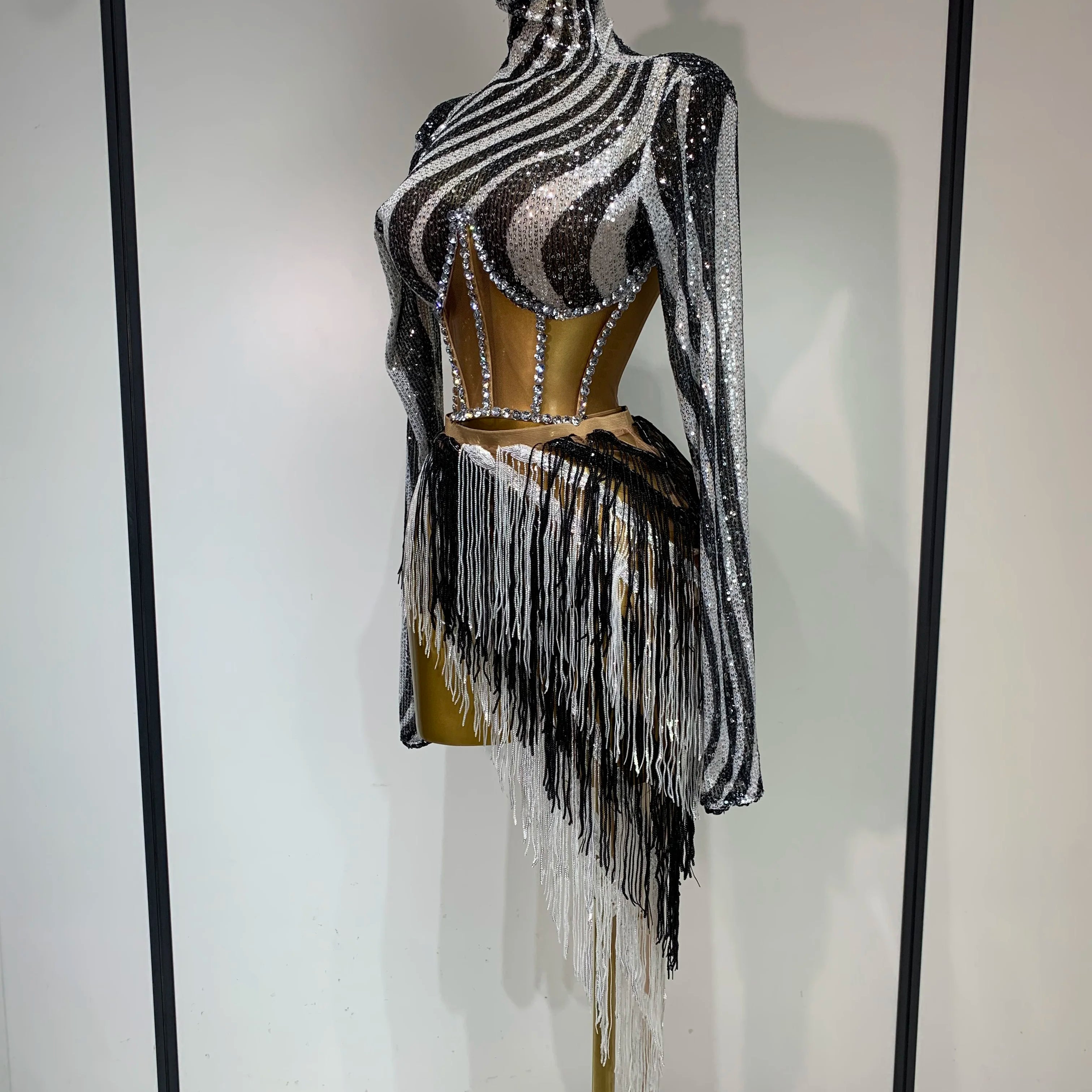 Sparkly Diamond Sequin Tassels Sexy Mesh Long Sleeved Two Piece Set Women Sexy Evening paty Birthday Nightclub Stage Costume