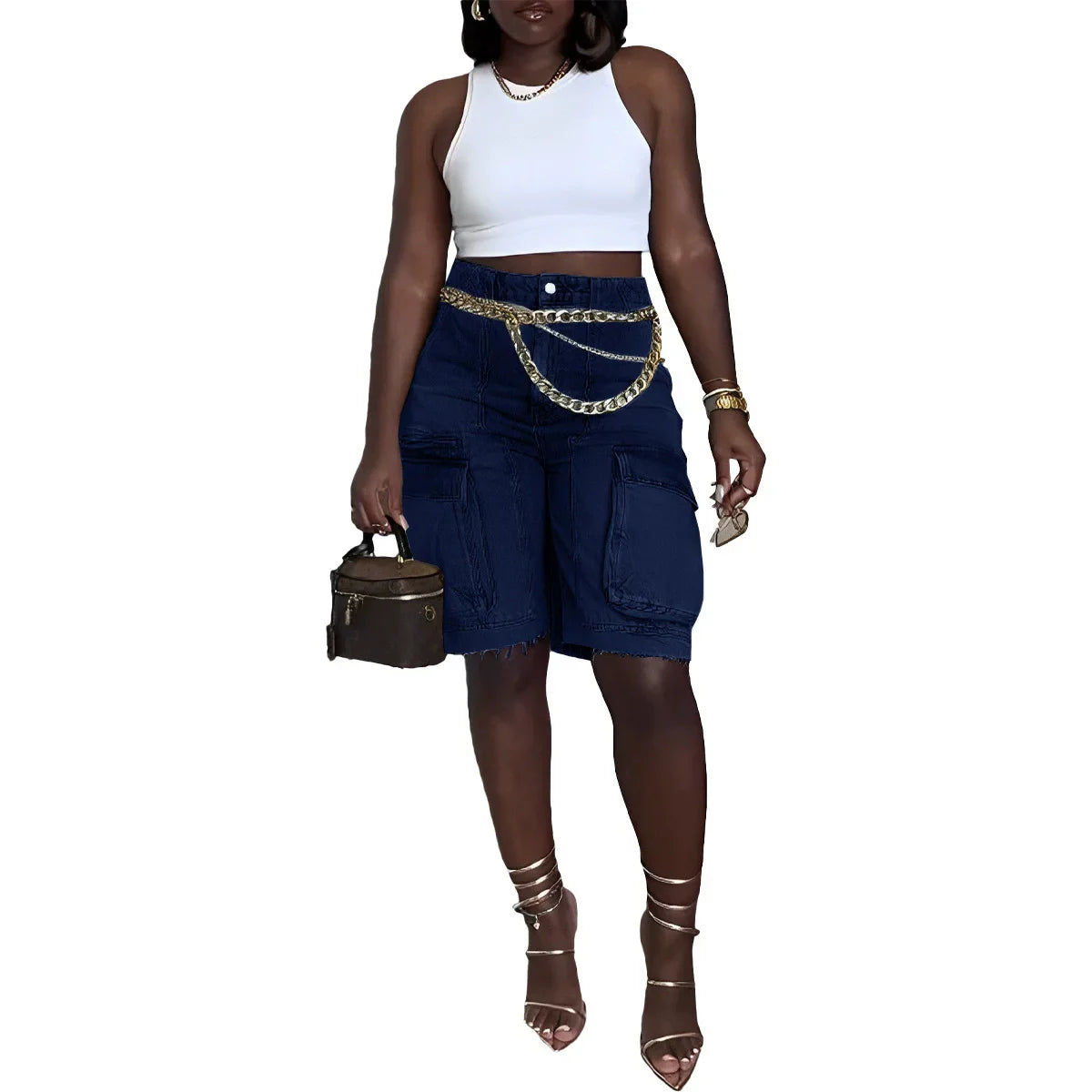 CM.YAYA Women Fashion Pocket Side Straight Knee Length Cargo Jeans 2025 Summer Party Street Short Pants DEEP BLUE