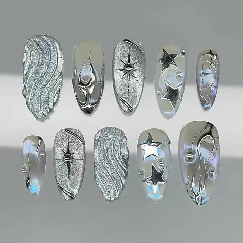 24Pcs Glitter Silver Round Head Press on Fake Nails with Jelly Glue Long Almond Nails Set Star Design Wearable False Nail Tips