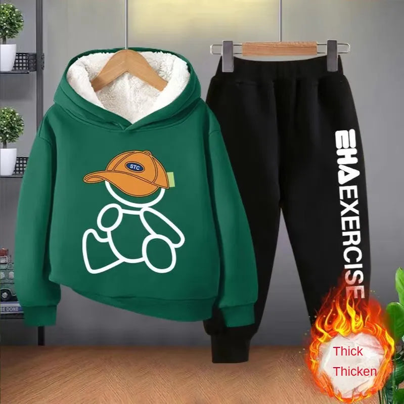 Meninos meninas roupas com capuz calças define novas crianças dos desenhos animados outono inverno manga longa velo quente sweatshirts outfits 2 pçs 2-12y 