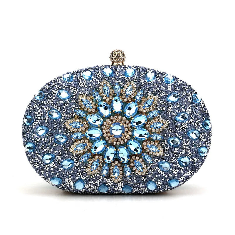 Rhinestones Women Bags Hollow Out Style Fashion Evening Bags Chain Shoulder Handbags Party Wedding Day Clutch Purse YM3108light blue
