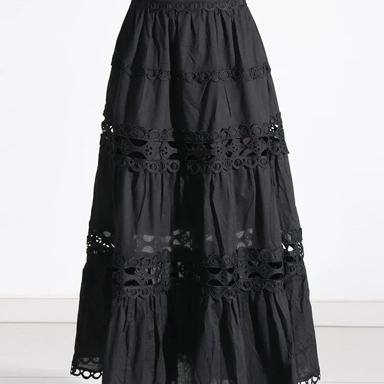 TWOTWINSTYLE Elegant Two Piece Sets For Women Stand Collar Lantern Sleeve Tops High Waist Skirt Hollow Out Set Female Clothing