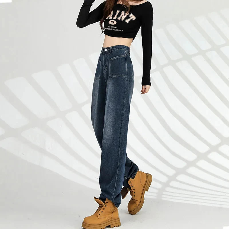 Autumn Winter New Straight Tube Women's Jeans American High Street Baggy Pants Woman Blue Gray Color Women's High-waisted Jeans