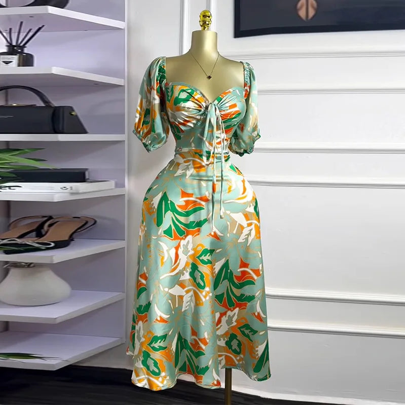CM.YAYA Women Floral Printed Lantern Half Sleeve Tie Up Long Maxi Dress 2025 Birthday Evening Sexy club Party Dresses Vestidos