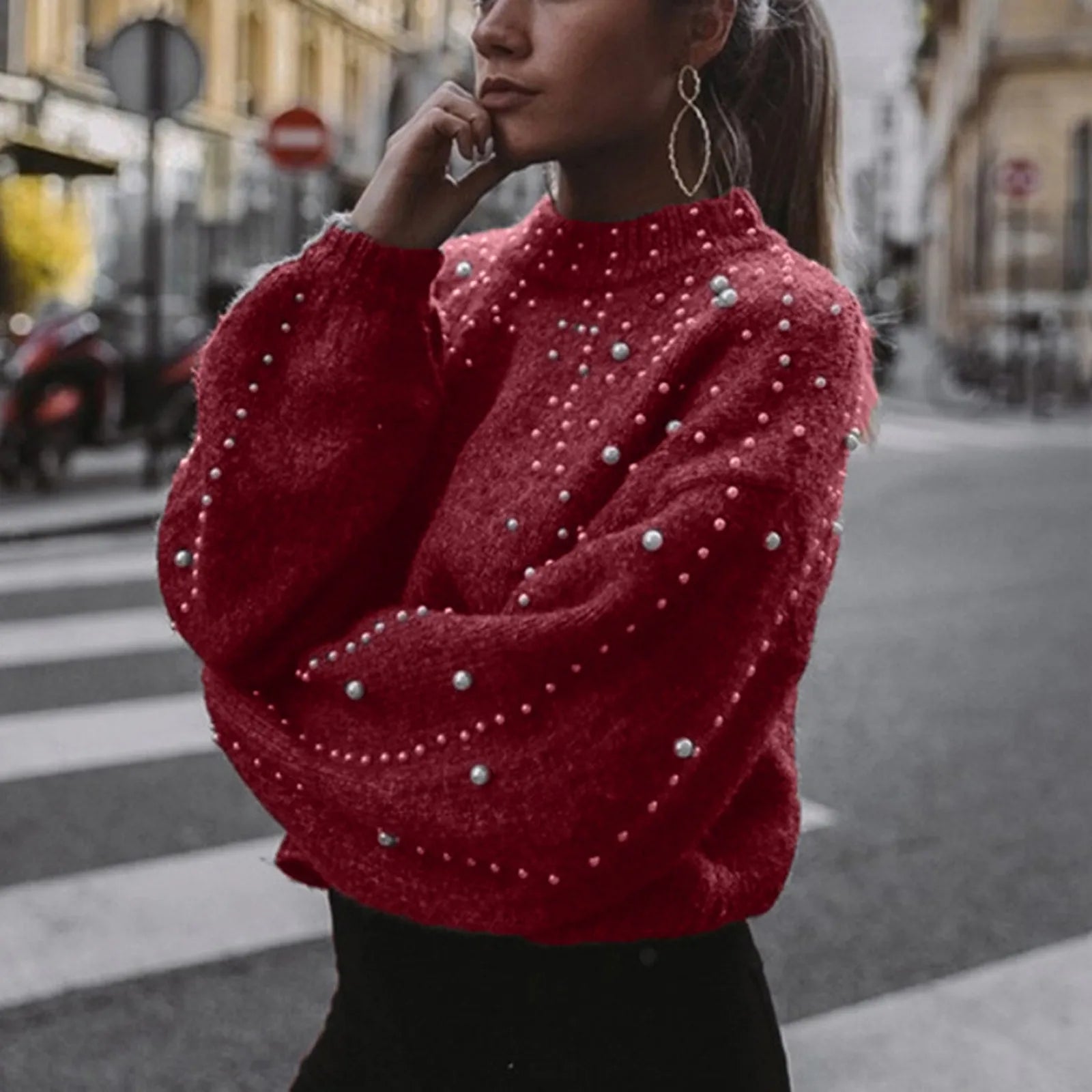 Women'S Y2k Aesthetic Pearl Sweaters Half Turtleneck Loose Knit Tops Harajuku Oversize Leisure Pullover Tops Leisure Sweaters Red