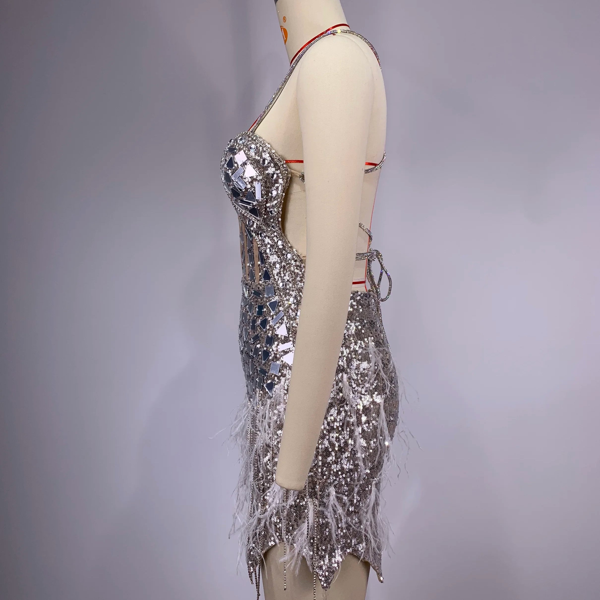 Sliver Sequins Diamonds Tassel Sexy V-Neck Strapless Mini Evening Dress Woman Birthday Party Outfit Stage Performance Costume