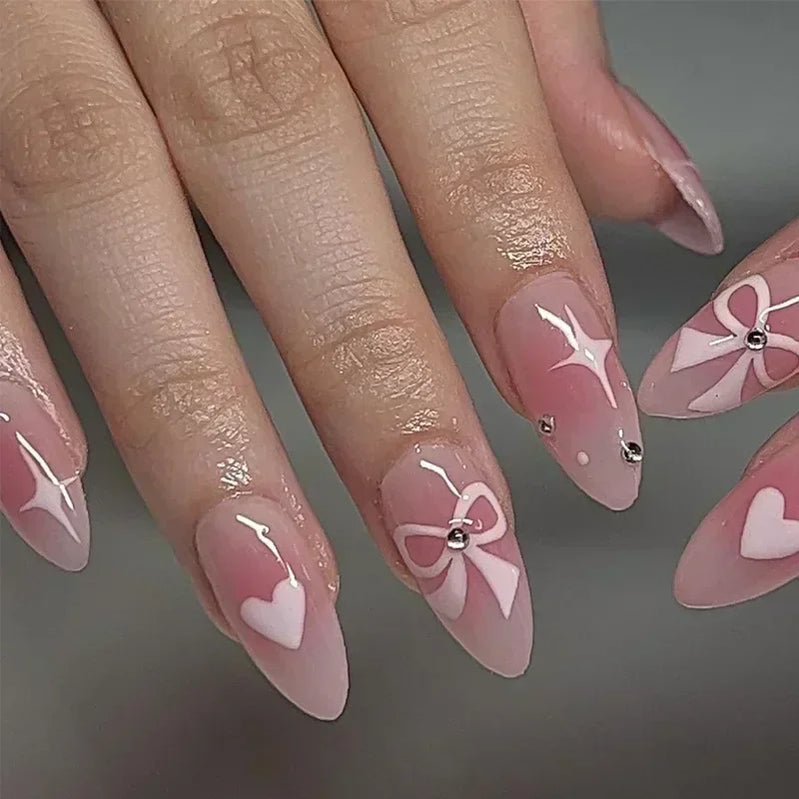24pcs Short Almond Press on Nails 3D Flower Butterfly Fake Nails with Glue Colorful Natural Acrylic False Nails Full Cover Nails