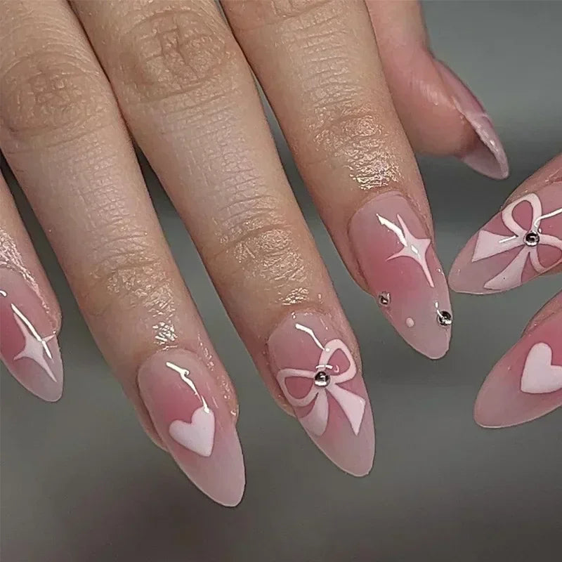 24pcs Short Almond Press on Nails 3D Flower Butterfly Fake Nails with Glue Colorful Natural Acrylic False Nails Full Cover Nails