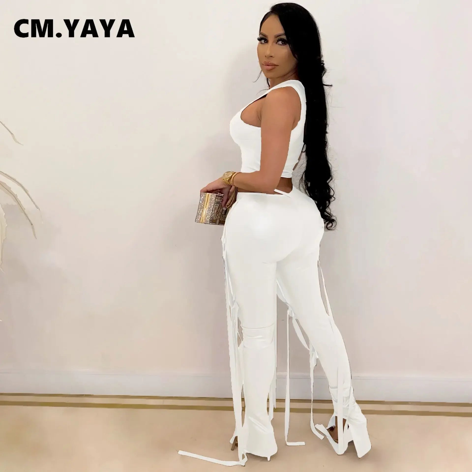 CM.YAYA Faux Leather Women's Set Drawstring Lace Up Slit Leggings Pants Suit and Crop Top Street Tracksuit Two Piece Set Outfit