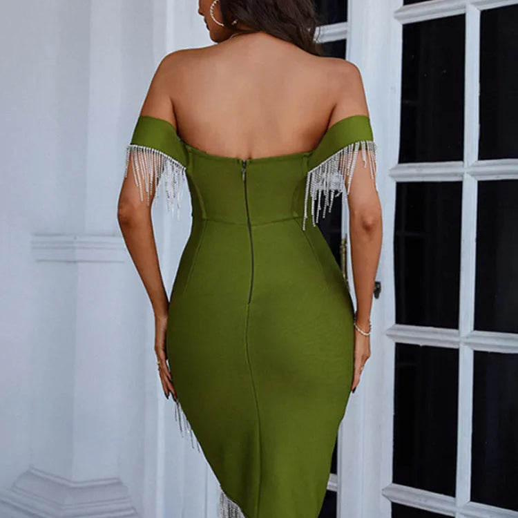 Summer Sexy Off Shoulder Army Green Red Diamonds Tassel Mini Bodycon Bandage Dress 2023 Elegant Evening Party Dress Vestido