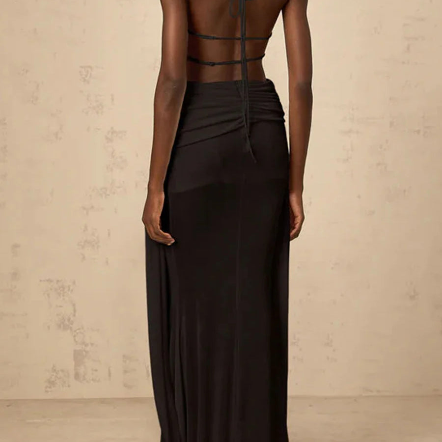 Solid Slimming Spliced Hollow Out Dresses for Women Halter Neck Sleeveless Patchwork Sheer Midi Dress Female New