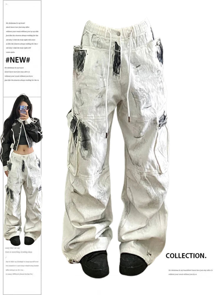 Women's White Cargo Jeans Y2k 90s Vintage High Waist Wide Leg Denim Trousers Harajuku Baggy Jean Pants 2000s Trashy Clothes