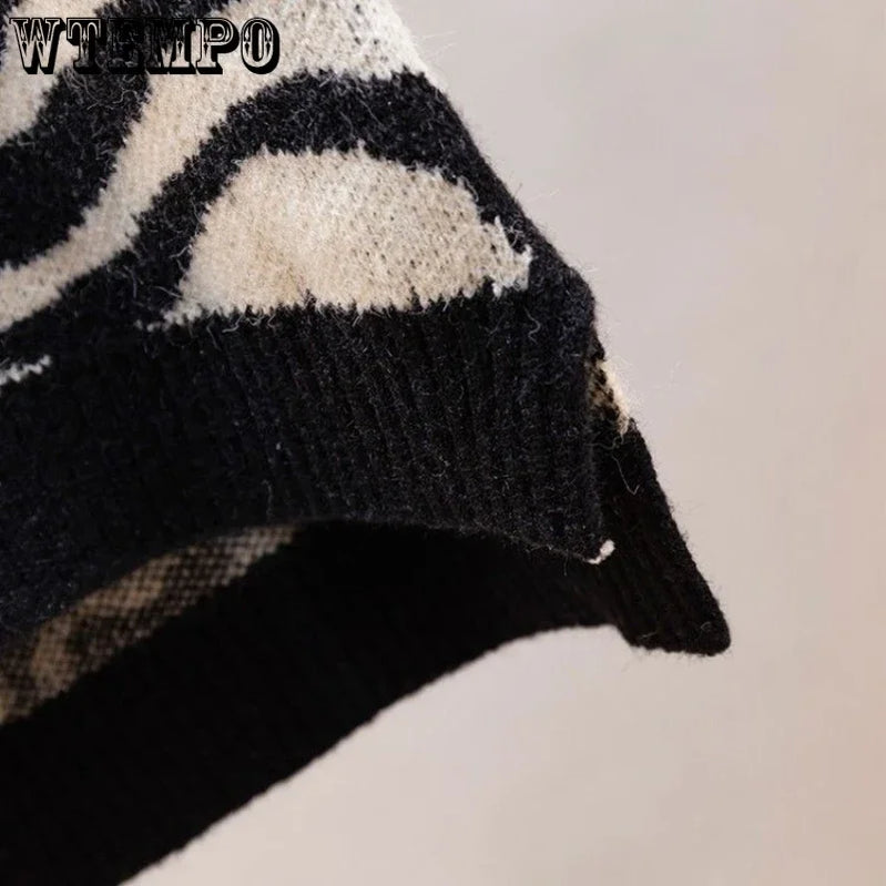 Women's Sexy Sleeveless Knitted Vest Autumn Leopard Sweater Crop Sleeveless Knitting Jumper Ladies V Neck Pullovers