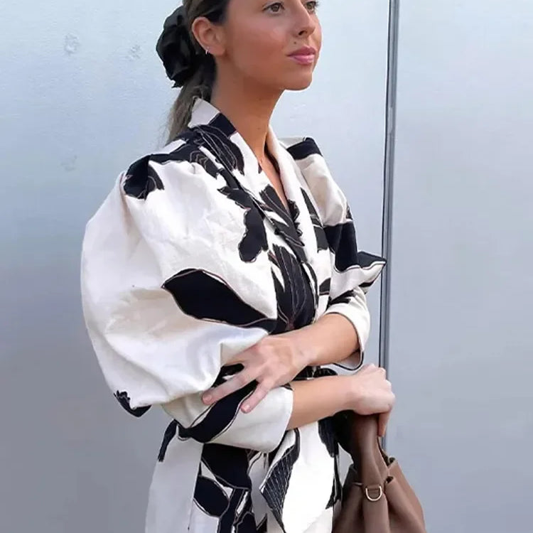 Fashion Flower Print Belt Women Shirts Spring Summer Elegant Slim Lapel Puff Sleeve Blouses Vintage Lady Office Streetwear white