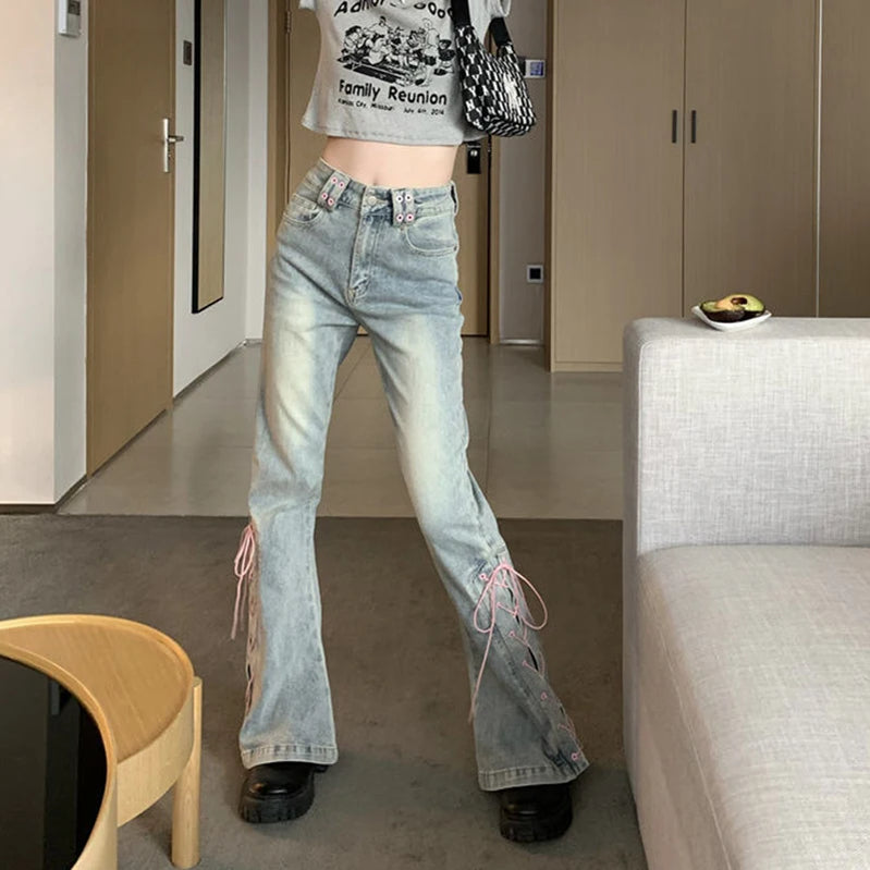 MEXZT Y2K High Waist Jeans Women Vintage Bandage Slit Slim Flare Denim Pants Female Korean Streetwear Casual Wide Leg Trousers SKY BLUE