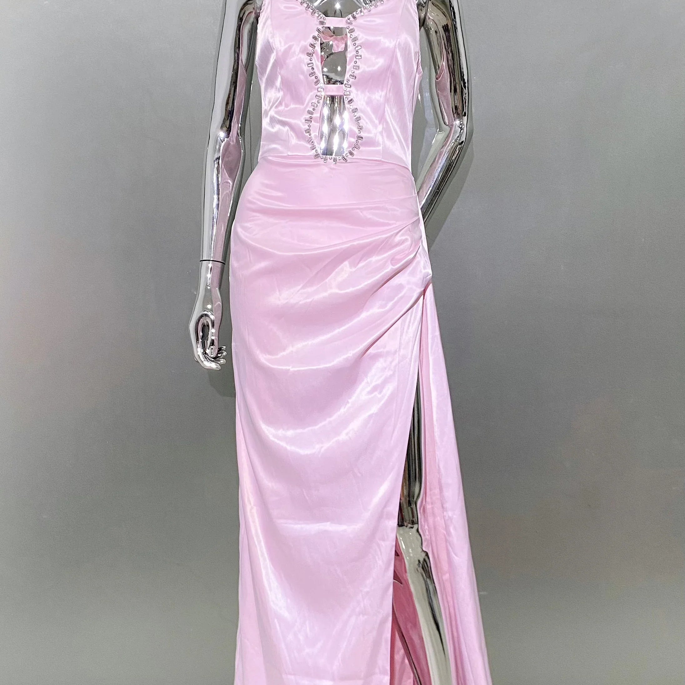 Pink Color Women Sexy Strapless Shinning Crystal Satin Bodycon High Split Dress Sweet Birthday Party Valentine's Day Dress