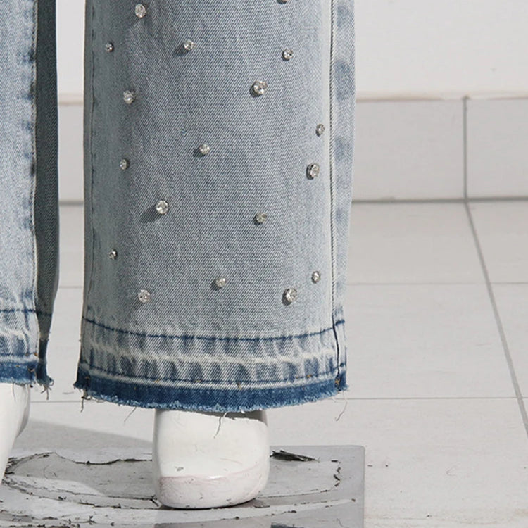 Patchwork Diamonds Casual Denim Trousers For Women High Waist Spliced Button Solid Loose Straight Jeans Female Fashion