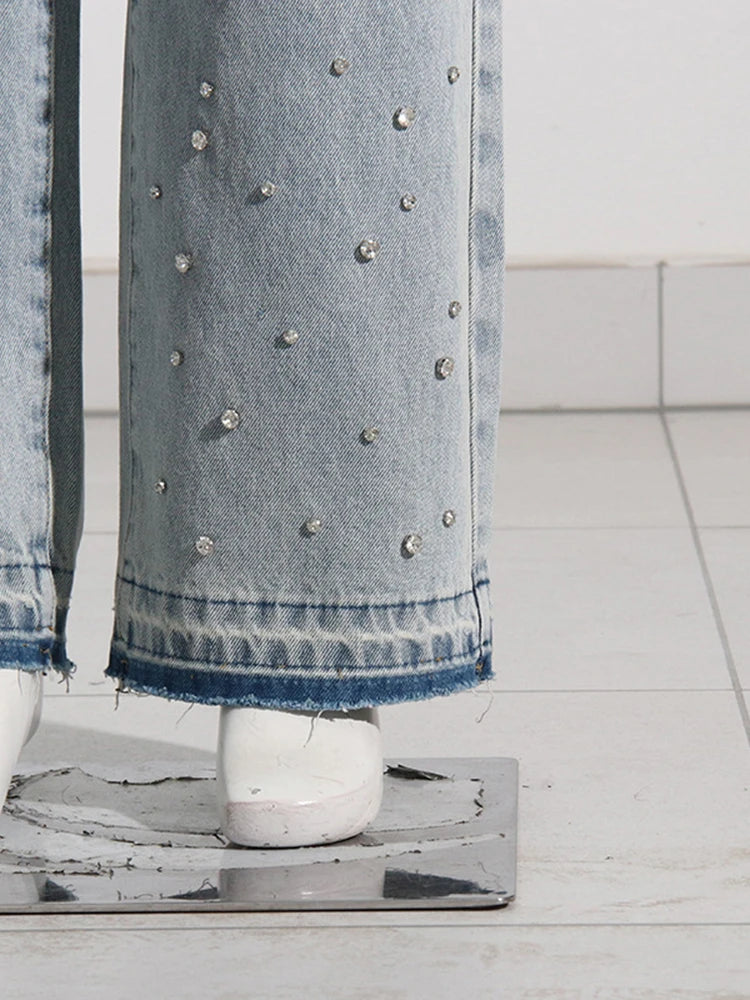 Patchwork Diamonds Casual Denim Trousers For Women High Waist Spliced Button Solid Loose Straight Jeans Female Fashion