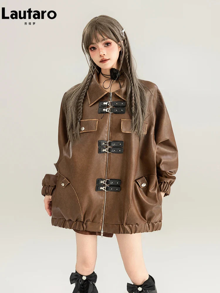Spring Vintage Oversized Distressed Brown Pu Leather Jacket Women Long Sleeve Luxury Designer Maillard Style Clothing