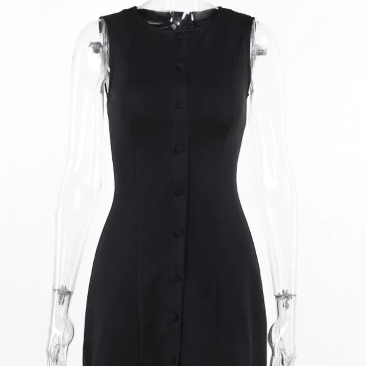 Mozision Fashion Sleeveless Sexy Mini Dress For Women New O Neck Single-btrasted Bodycon Club Party Tank Dress Femme Clothes Black