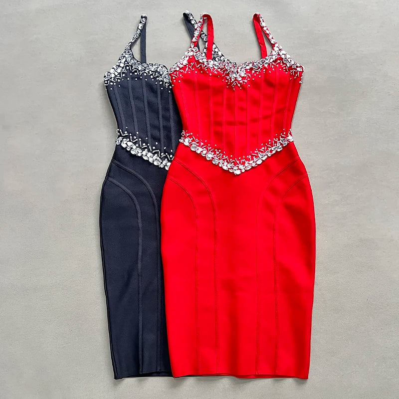 Vestido curto bandage preto vermelho feminino, sem mangas, sexy, com decote em V, colado ao corpo, cristal, comemoração, boate, festa, aniversário
