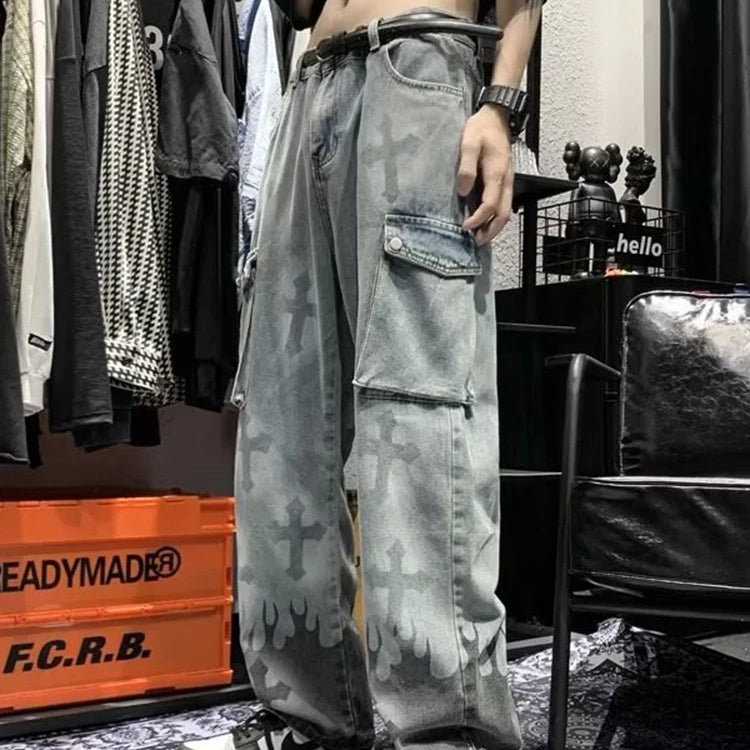 Women Jeans Pants Ins High Street Fashion Cargo Trousers Hiphop American Vibe Style Overalls Gothic Punk Cross Print Jeans Women