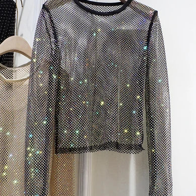 Ladies Temperament Rhinestone Round Neck Long Sleeve Bright Starlight Hollow Shiny Bottoming Shirt Women's Top Trend black One Size
