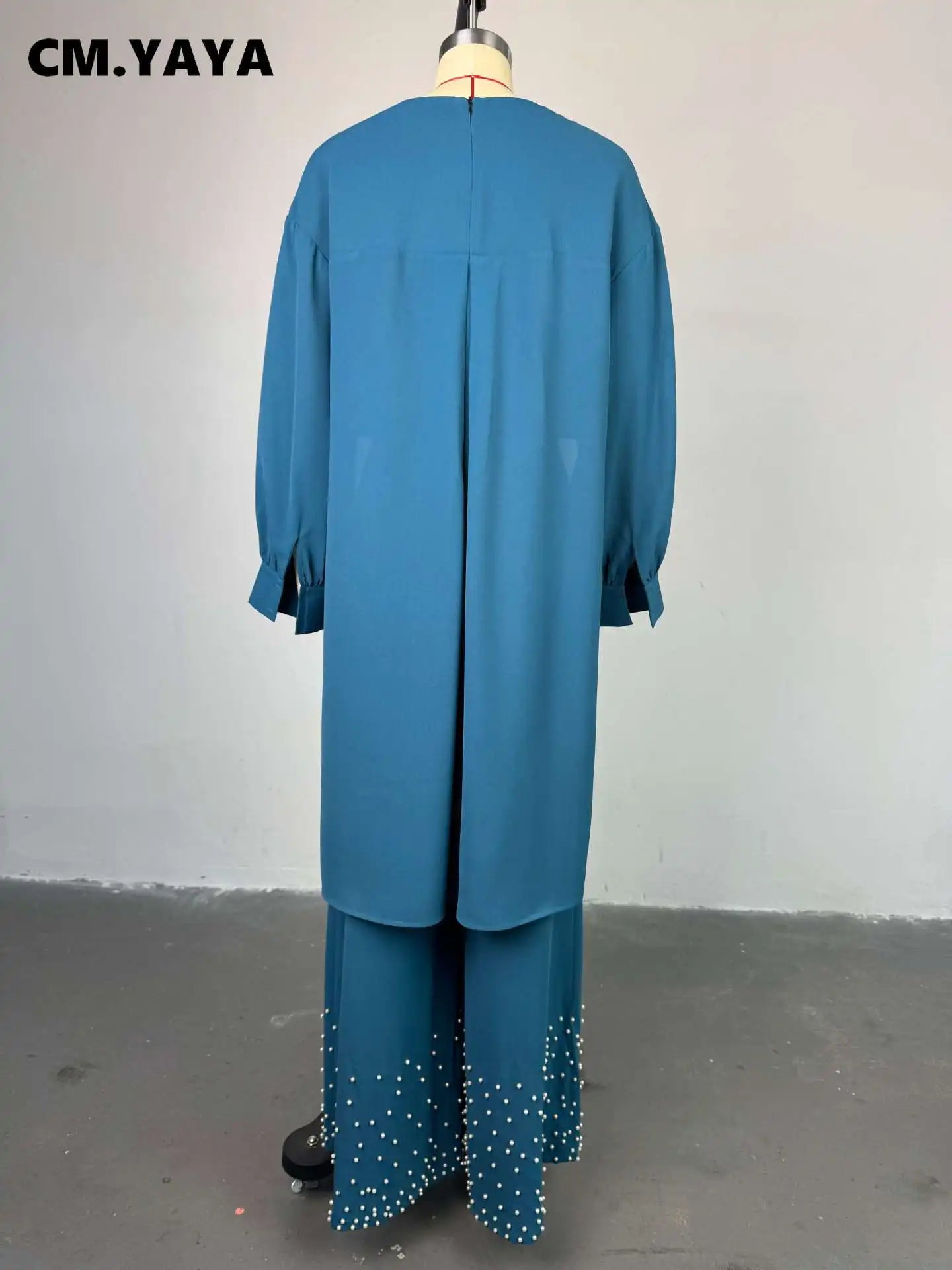 CM.YAYA Women's Set Long Sleeve High Low Maxi Blouse and Pearl Beading Wide Leg Pants 2025 Two 2 Piece Sets Outfits Tracksuit