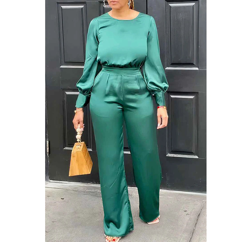 Plus Size Business Casual Green Satin Pants Set Round Neck Lantern Sleeve Wide Leg Two Pieces Pants Set