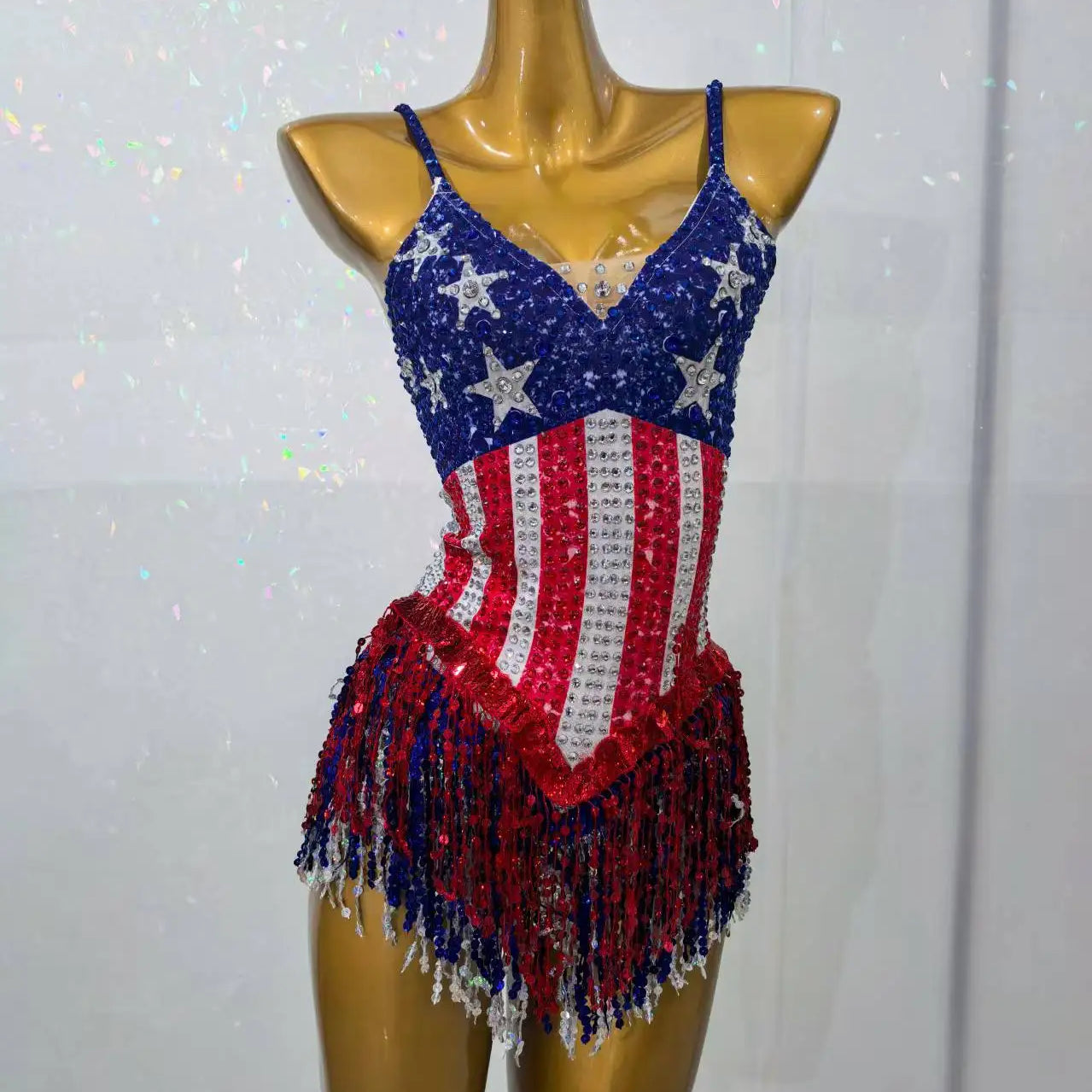 Maxituan Five Pointed Star Sparkly Rhinestone Tassel Bodysuit Sexy Women gig Performance Outfit Ladies Latino Dance Team Leotard