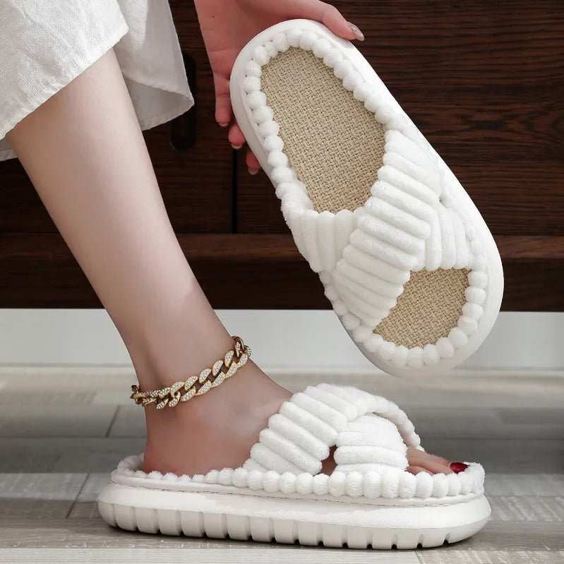 Autumn Winter Women Home Slippers Open-Toe Cross Band Linen Soled Indoor Slides Linen Soled Non-Slip Bathroom Slippers