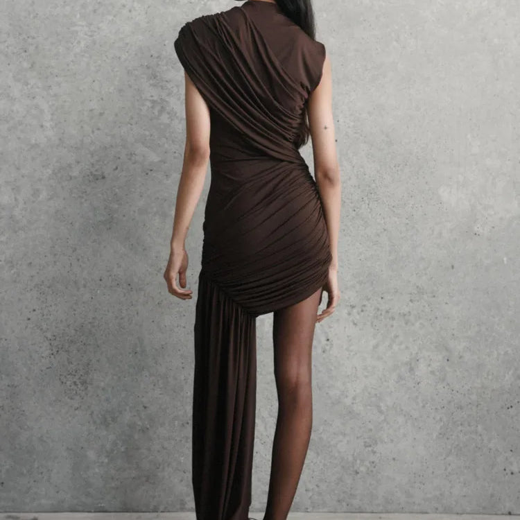 Irregular Draped Ruched Sexy Mini Dress For Women Elegant Turtleneck Sleeveless High Waist Pleated Club Party Dress