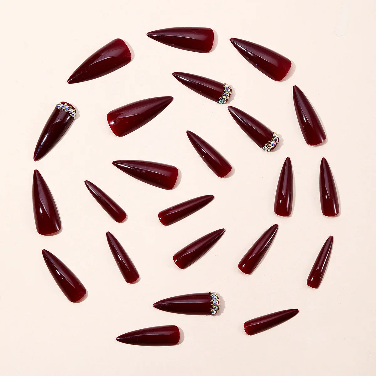 Dark Red Long Stiletto Fake Nails for Spicy Girls 24Pcs Solid Color Press On Nails Shiny Diamond Decor  Year Charm Manicure